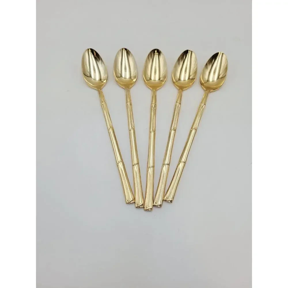 Set 5 National Escapade Iced Tea Spoon Gold Stainless Steel Bamboo Handles JAPAN